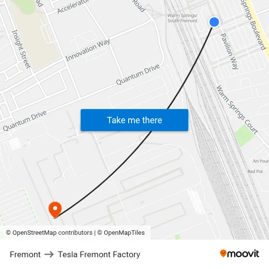 Fremont to Tesla Fremont Factory map