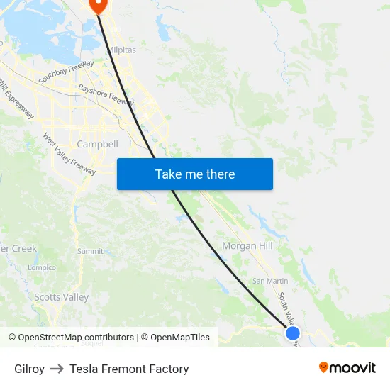 Gilroy to Tesla Fremont Factory map