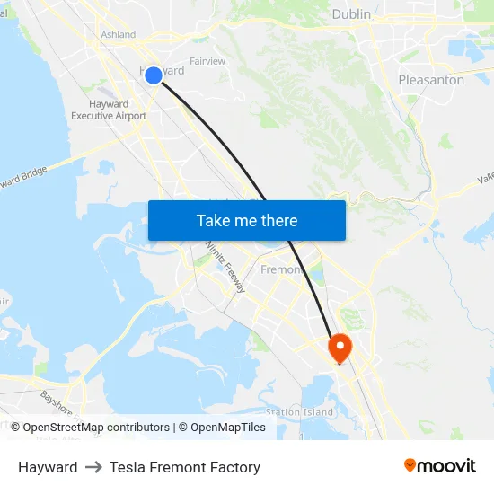 Hayward to Tesla Fremont Factory map