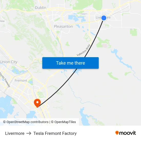 Livermore to Tesla Fremont Factory map