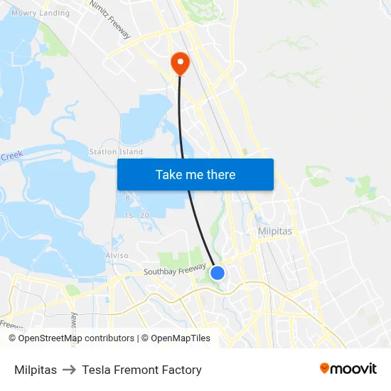 Milpitas to Tesla Fremont Factory map