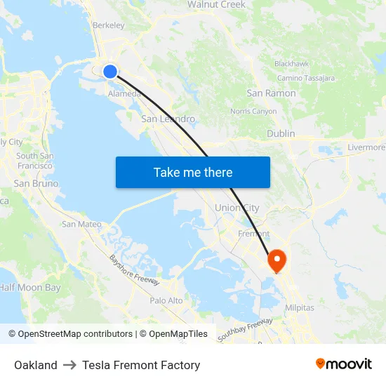Oakland to Tesla Fremont Factory map