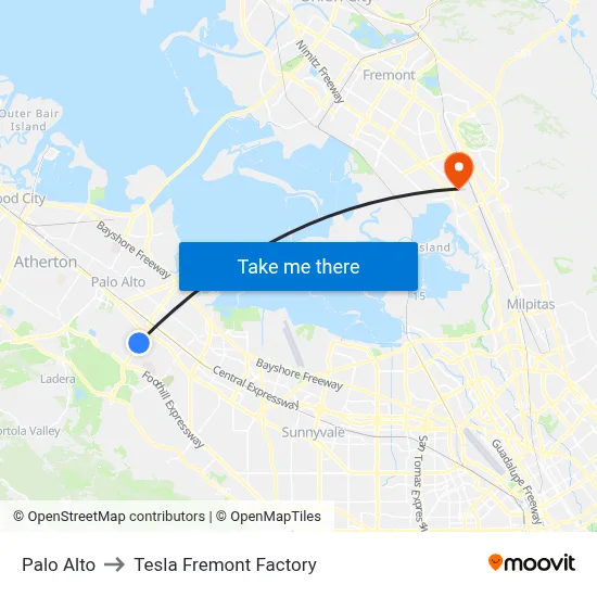 Palo Alto to Tesla Fremont Factory map