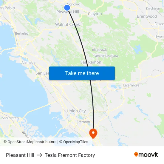 Pleasant Hill to Tesla Fremont Factory map