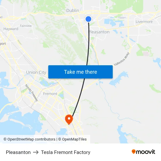 Pleasanton to Tesla Fremont Factory map