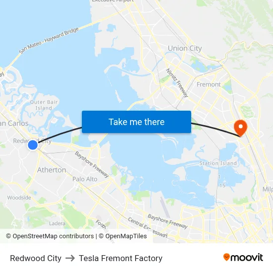 Redwood City to Tesla Fremont Factory map