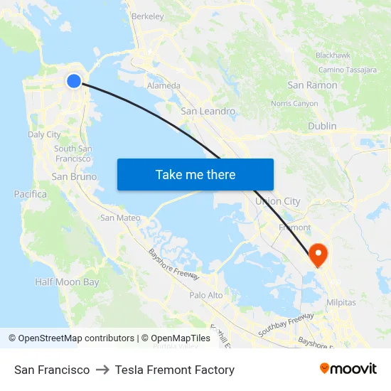 San Francisco to Tesla Fremont Factory map