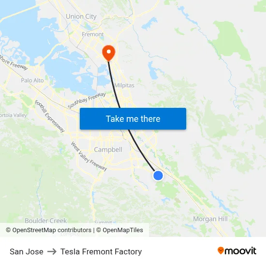 San Jose to Tesla Fremont Factory map