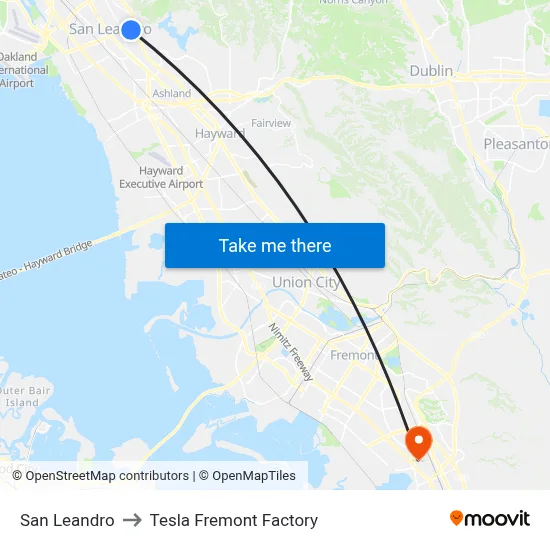 San Leandro to Tesla Fremont Factory map
