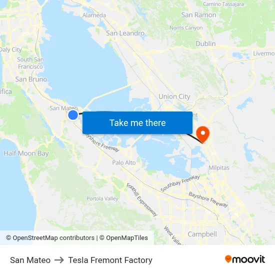 San Mateo to Tesla Fremont Factory map