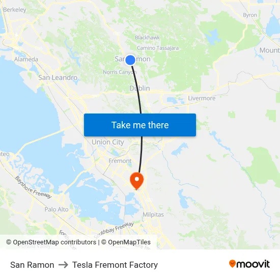 San Ramon to Tesla Fremont Factory map