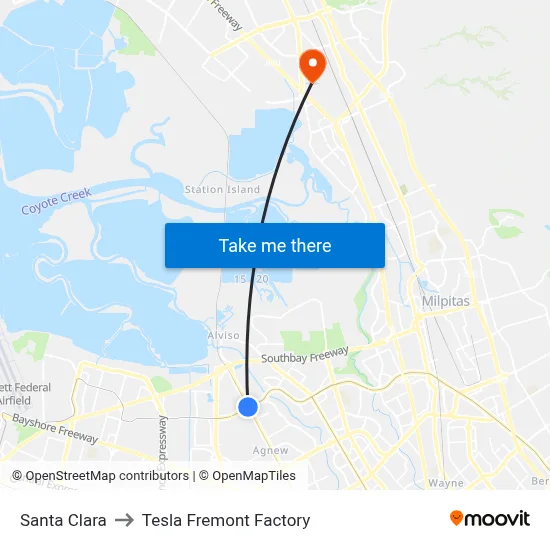 Santa Clara to Tesla Fremont Factory map