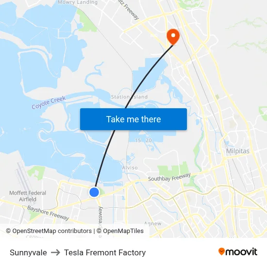 Sunnyvale to Tesla Fremont Factory map