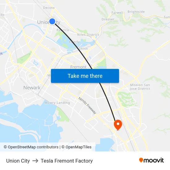 Union City to Tesla Fremont Factory map