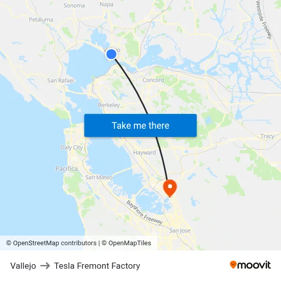 Vallejo to Tesla Fremont Factory map