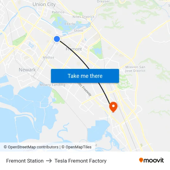 Fremont Station to Tesla Fremont Factory map