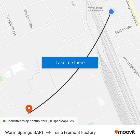 Warm Springs BART to Tesla Fremont Factory map