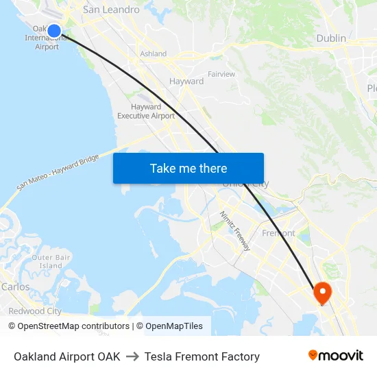 Oakland Airport OAK to Tesla Fremont Factory map