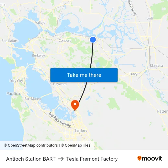 Antioch Station BART to Tesla Fremont Factory map