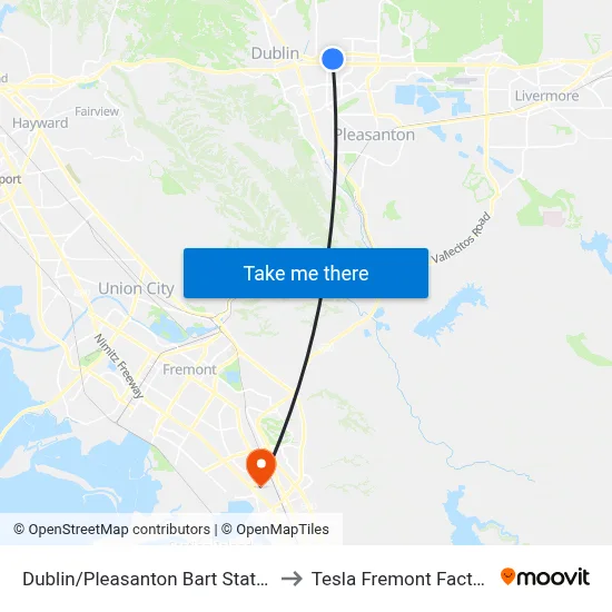 Dublin/Pleasanton Bart Station to Tesla Fremont Factory map