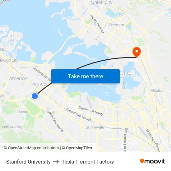 Stanford University to Tesla Fremont Factory map