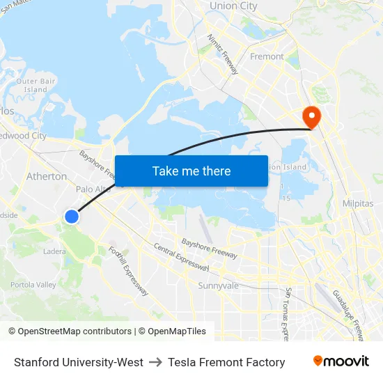 Stanford University-West, 355 Galvez St to Tesla Fremont Factory map