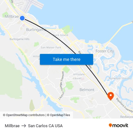 Millbrae to San Carlos CA USA map