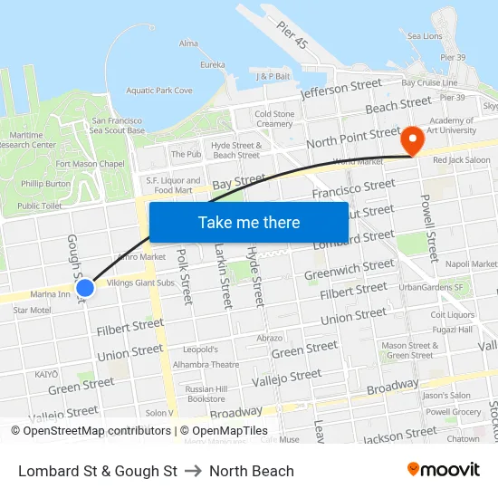 Lombard St & Gough St to North Beach map