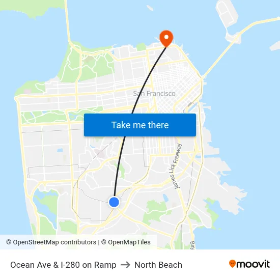Ocean Ave & I-280 on Ramp to North Beach map