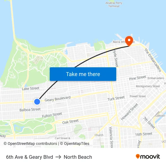 6th Ave & Geary Blvd to North Beach map