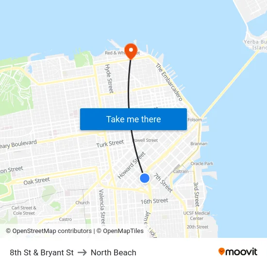 8th St & Bryant St to North Beach map