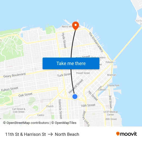11th St & Harrison St to North Beach map