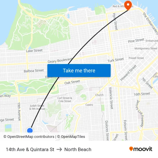 14th Ave & Quintara St to North Beach map