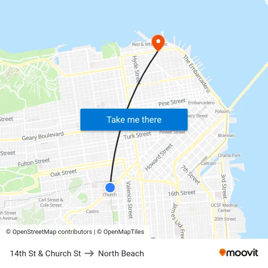 14th St & Church St to North Beach map