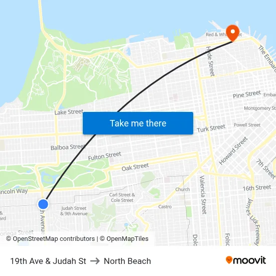 19th Ave & Judah St to North Beach map