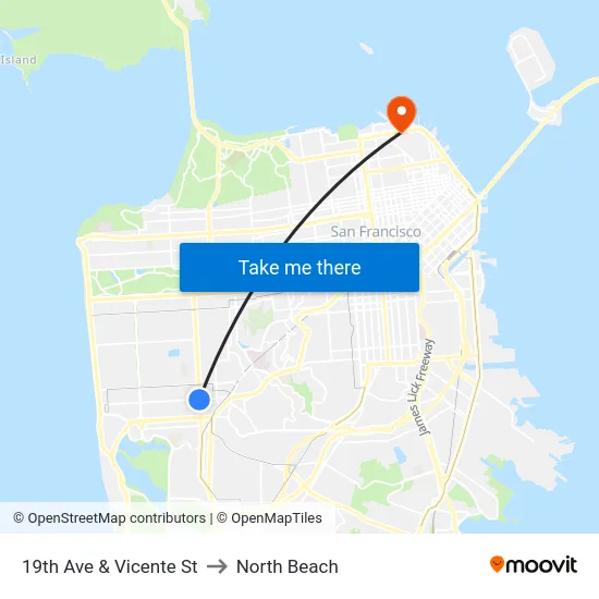 19th Ave & Vicente St to North Beach map