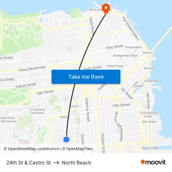 24th St & Castro St to North Beach map