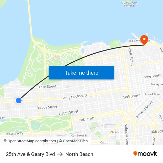 25th Ave & Geary Blvd to North Beach map
