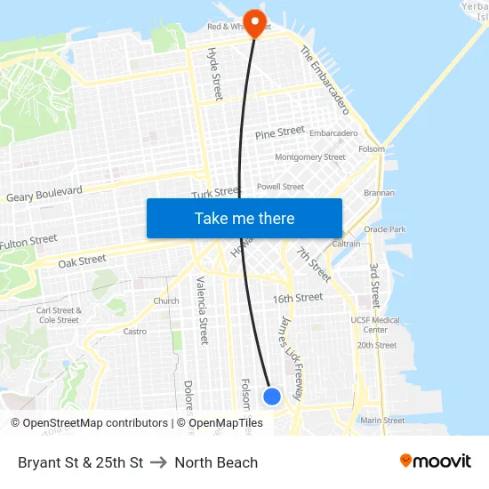 Bryant St & 25th St to North Beach map