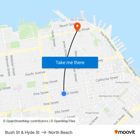 Bush St & Hyde St to North Beach map
