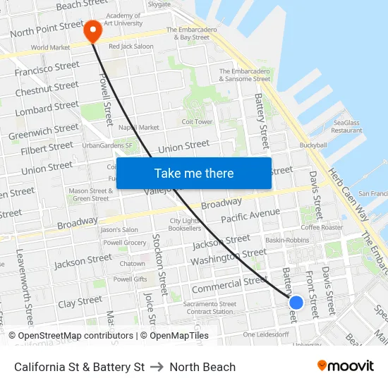 California St & Battery St to North Beach map