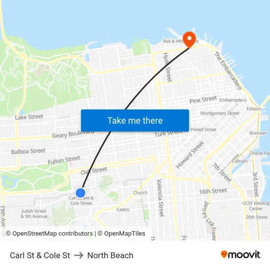Carl St & Cole St to North Beach map