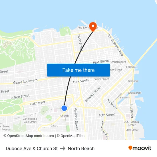 Duboce Ave & Church St to North Beach map