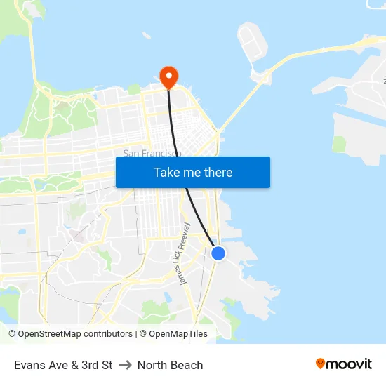 Evans Ave & 3rd St to North Beach map