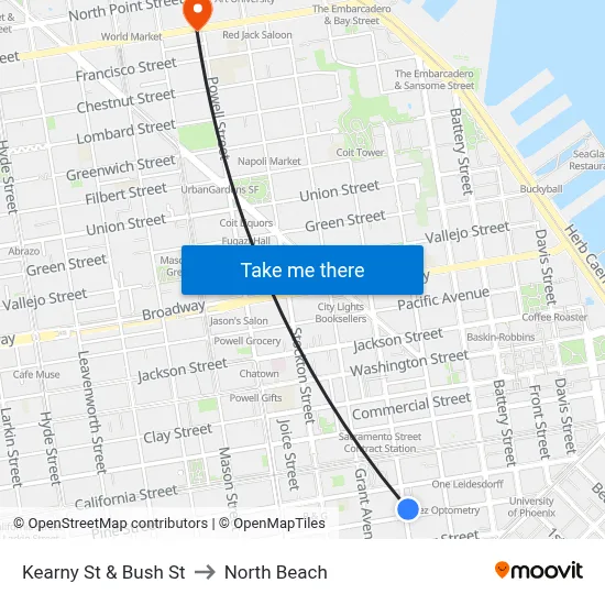 Kearny St & Bush St to North Beach map