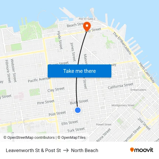 Leavenworth St & Post St to North Beach map