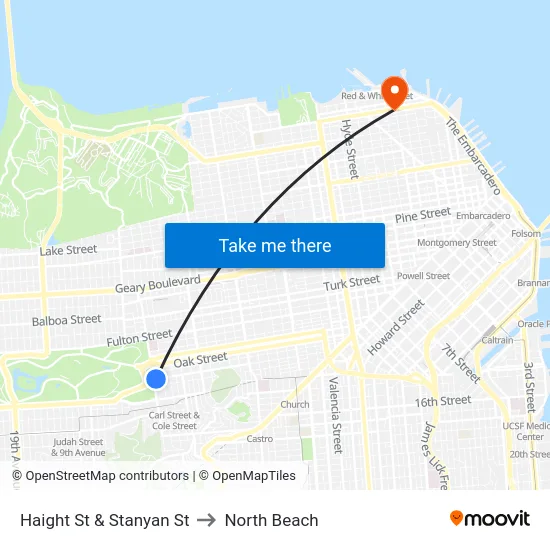 Haight St & Stanyan St to North Beach map