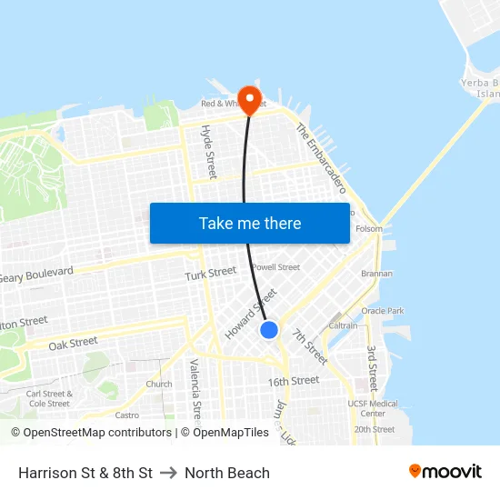 Harrison St & 8th St to North Beach map