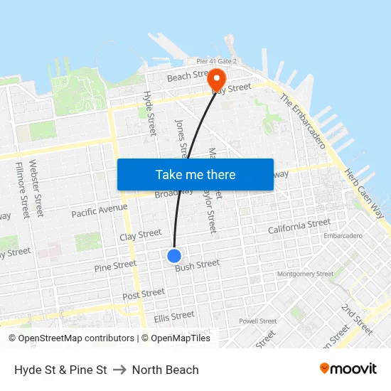 Hyde St & Pine St to North Beach map