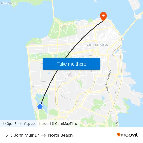 515 John Muir Dr to North Beach map